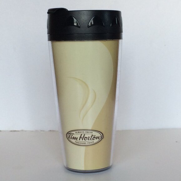 Tim Hortons ThermoServ Plastic Travel Mug Beige Always Fresh Black Lid 14 oz - Picture 1 of 10